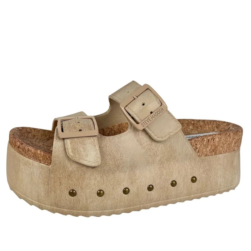 Steve Madden Kali Tan Platform Buckle Slide Sandals Studded Women 9M KALI12S1